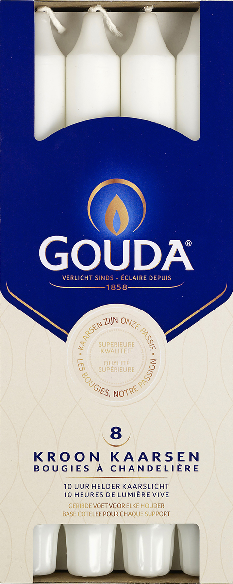 Set of 8 Gouda brand white wax candles, 240/24 size, shown in the image with smooth, cylindrical design for decorative lighting.