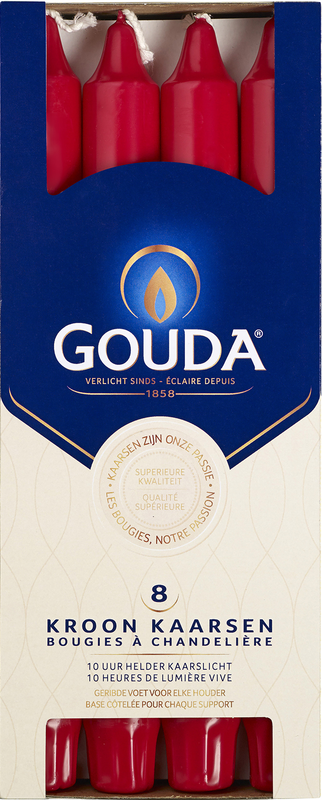 Gouda brand Gouda Kroonkaars robijnrood, 240/24 size, set of 8 red candles with a smooth, rounded design.