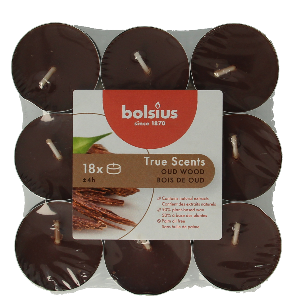 Set of 18 Bolsius True Scents Old Wood candles, featuring natural wood aroma, arranged in a display.