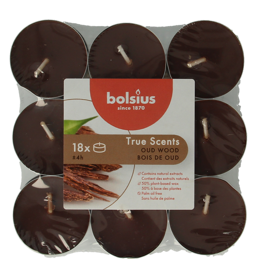 Set of 18 Bolsius True Scents Old Wood candles, featuring natural wood aroma, arranged in a display.