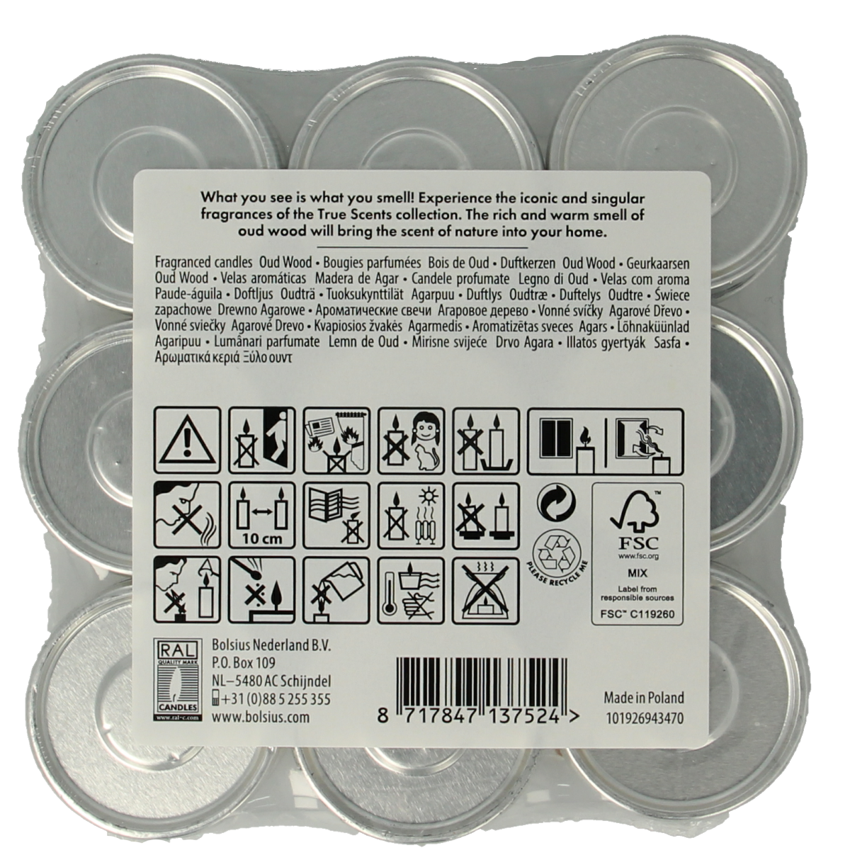 Set of 18 Bolsius True Scents old wood candles with natural wooden appearance, ideal for cozy lighting and ambiance.