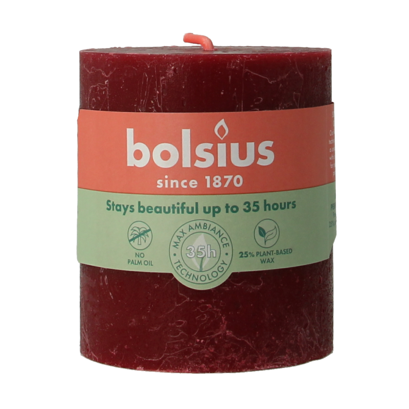 Bolsius Rustiekkaars Shine 80/68 velvet red candle, single wax candle with a textured finish, ideal for cozy ambiance.