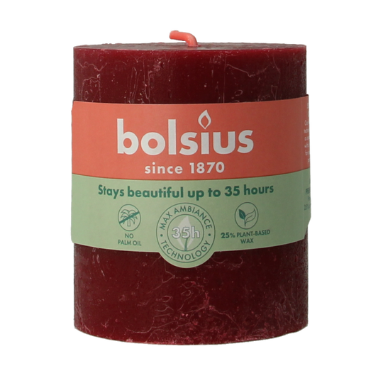 Bolsius Rustiekkaars Shine 80/68 velvet red candle, single wax candle with a textured finish, ideal for cozy ambiance.