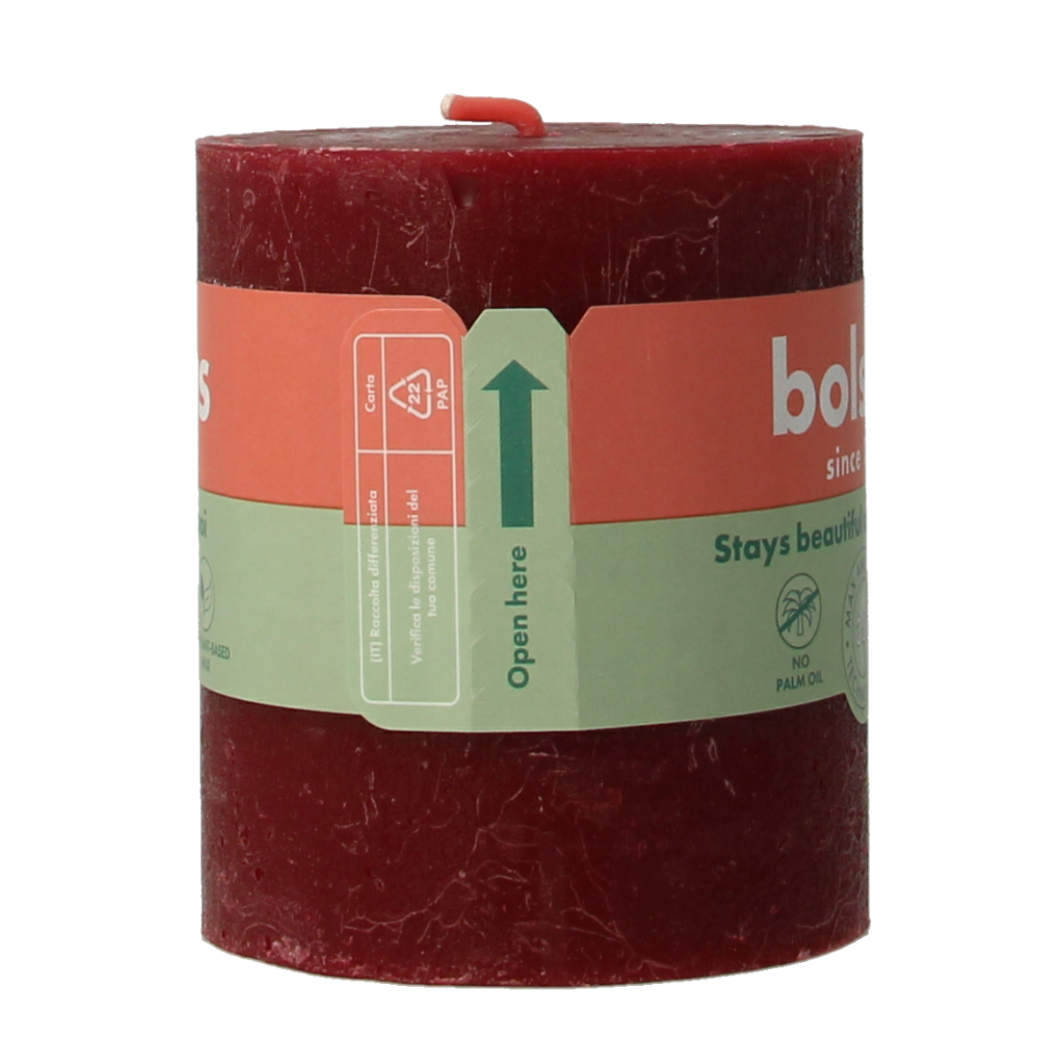 Bolsius Rustiekkaars Shine 80/68 velvet red candle, showing smooth wax surface and warm red color.