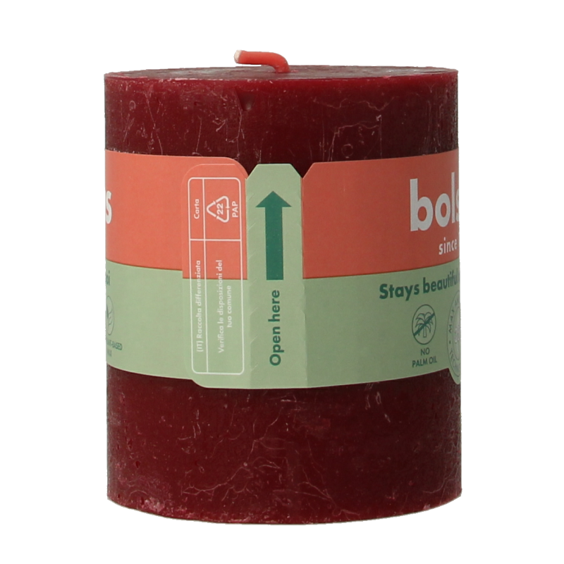 Rustic red Bolsius Kaarsen Shine 80/68 with velvet finish, single candle shown in natural lighting.