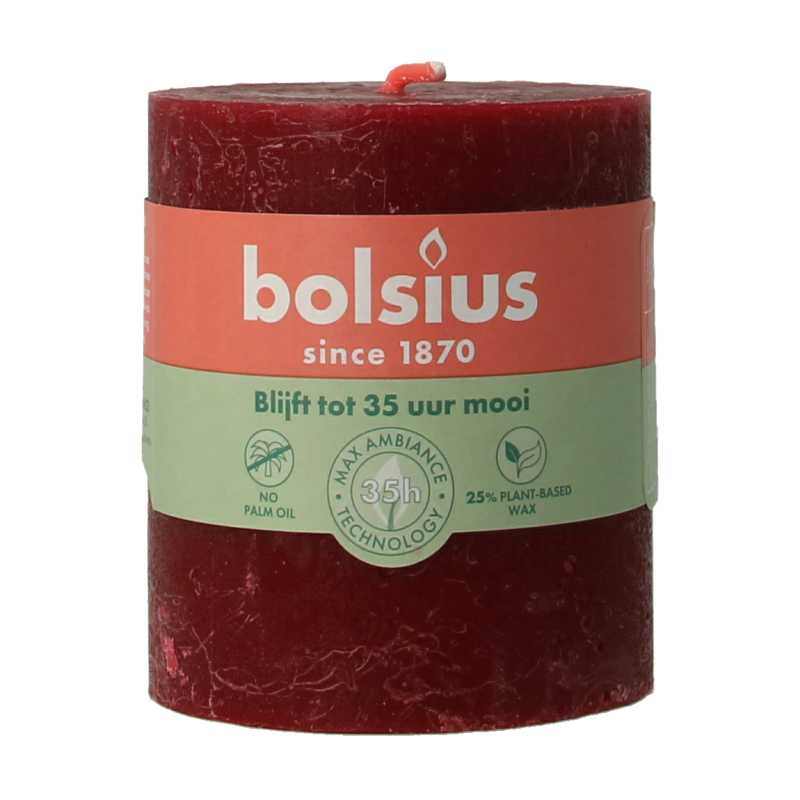 Velvet red Bolsius Rustiekkaars shine 80/68 candle, natural wax finish, showing the textured surface and warm color.
