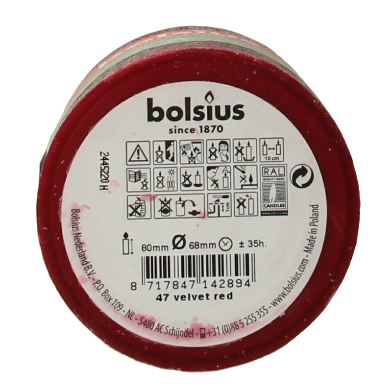 Bolsius Rustiekkaars Shine 80/68 velvet red candle, single decorative wax candle with textured finish.