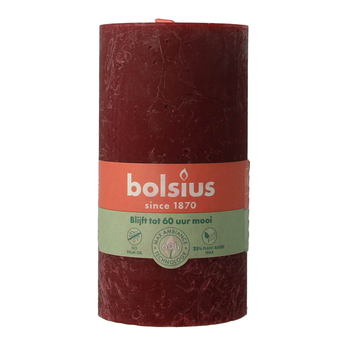 Bolsius Rustiekkaars Shine velvet red candle, 130/68mm, showing its textured surface and warm red color.
