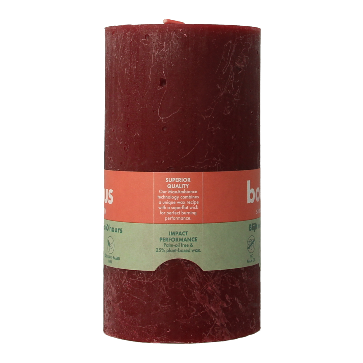 Bolsius Rustiekkaars Shine velvet red candle 130/68, natural wax finish, shown in a burning state with warm glow.
