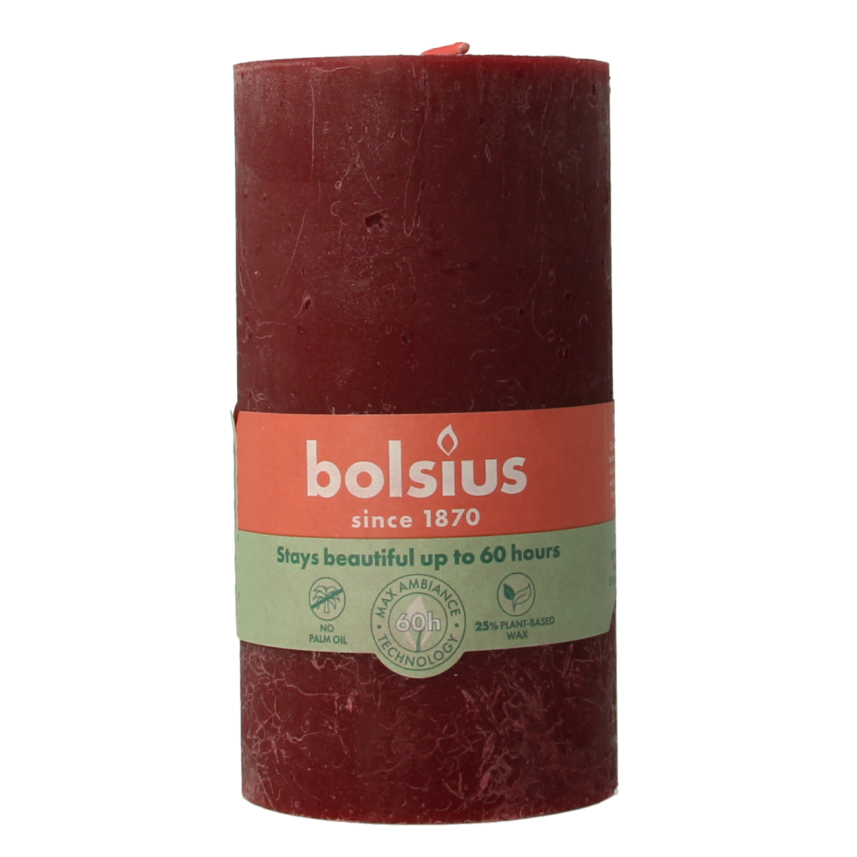 Bolsius Rustiekkaars Shine velvet red candle, 130/68 mm, with a textured finish, shown in a close-up image.