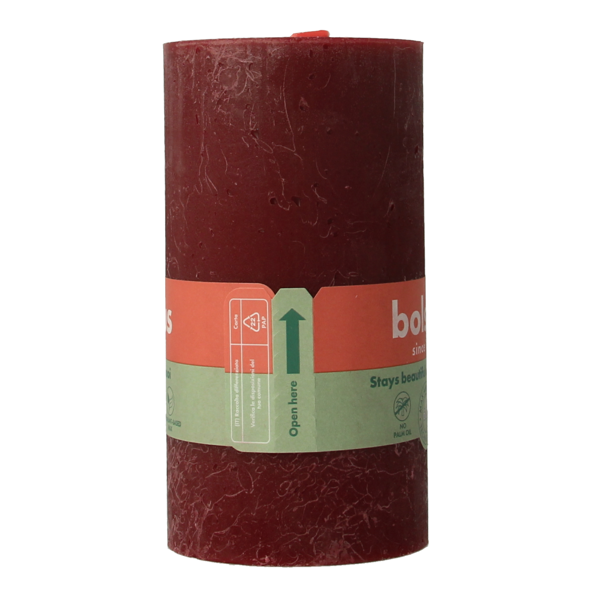 Bolsius Rustiekkaars Shine 130/68 velvet red candle, single decorative wax candle with textured finish.