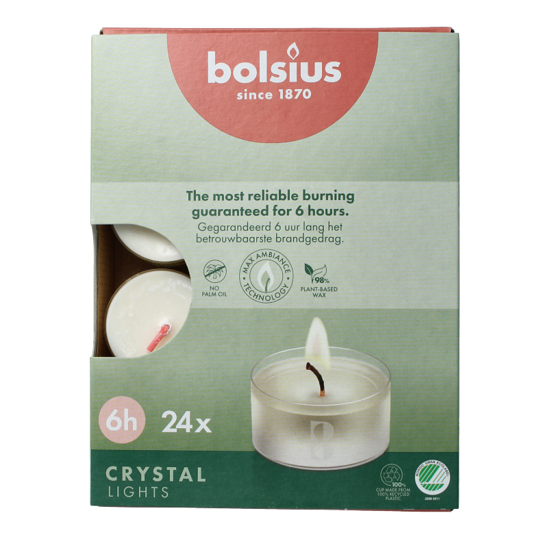 Set of 24 Bolsius Crystal Lights candles in a 6-hour burn time box, showcasing white wax candles with wicks.