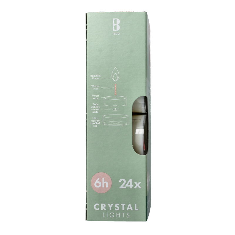 Set of 24 Bolsius Crystal Lights 6-hour candles in a box, featuring transparent wax and wicks for long-lasting illumination