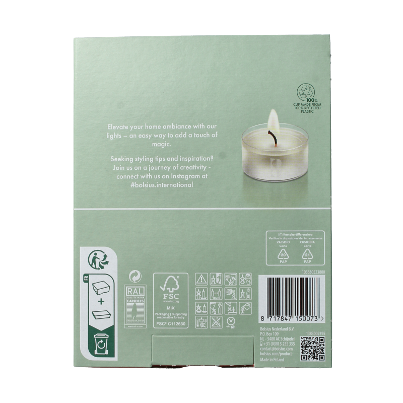 Set of 24 Bolsius Crystal Lights 6-hour candles in a box, featuring white wax and simple design for home ambiance.