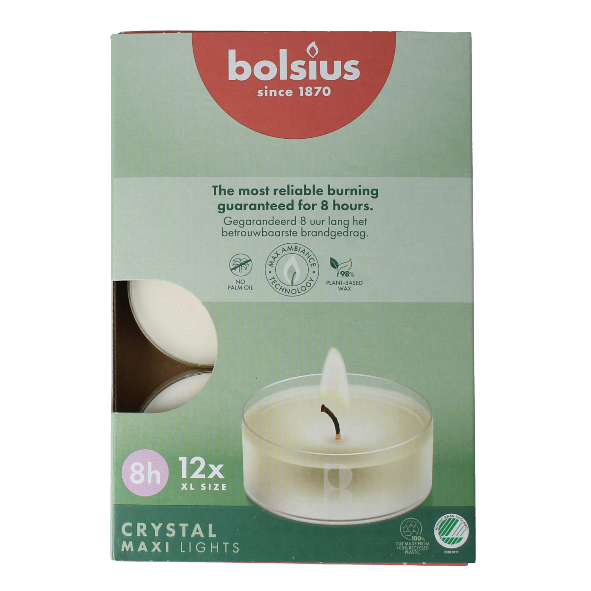 Set of 12 Bolsius Crystal maxi candles, 8-hour burn time, in a box, featuring sleek glass container design.