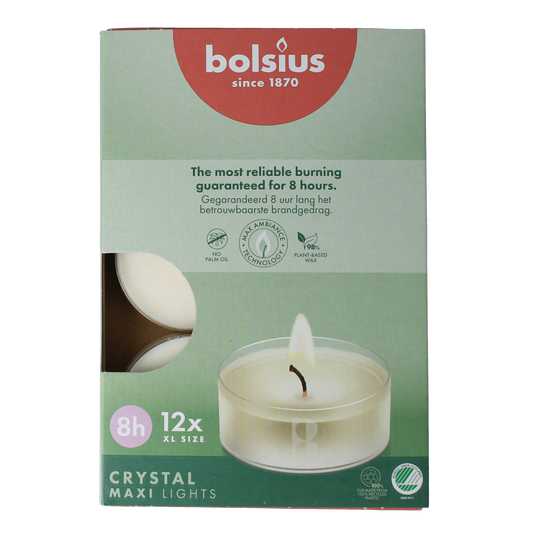 Set of 12 Bolsius Crystal maxi candles, 8-hour burn time, in a box, featuring sleek glass container design.