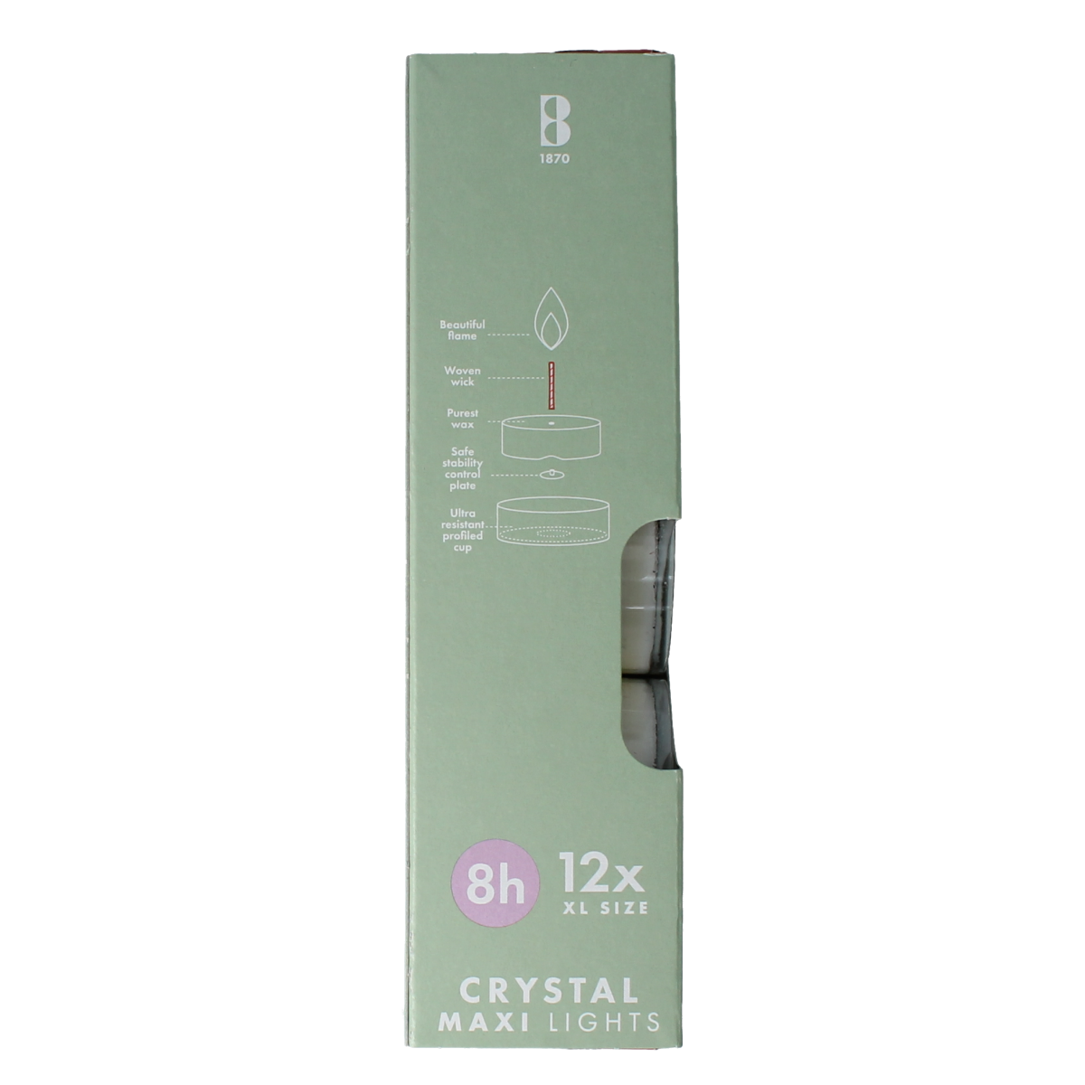 Bolsius Crystal maxi candles in an 8-hour box, 12-pack, showing clear glass containers with white wax candles inside.
