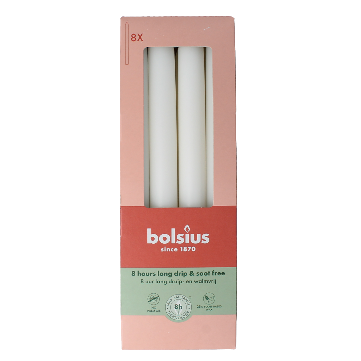 Set of 8 Bolsius Dinerkaarsen in cloudy white, 230/20 mm, decorative candles for dining and ambiance.