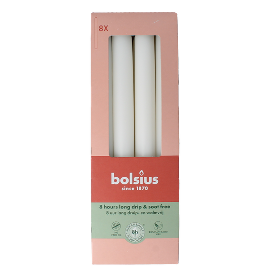 Set of 8 Bolsius Dinerkaarsen in cloudy white, 230/20 mm, decorative candles for dining and ambiance.