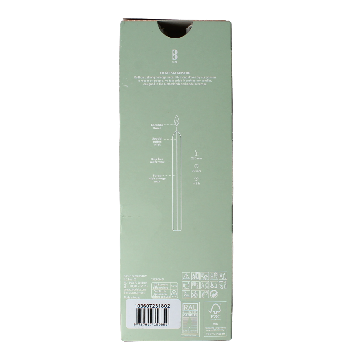 Set of 8 Bolsius Dinerkaarsen 230/20 cloudy white candles, perfect for table settings and creating cozy ambiance.