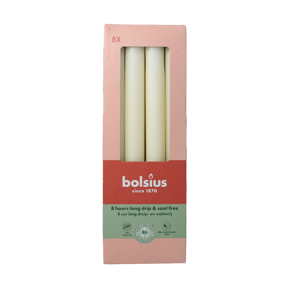 Set of 8 Bolsius Dinerkaarsen 230/20 soft pearl candles, elegant white wax with a smooth finish, ideal for dining ambiance.