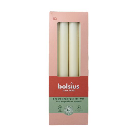Set of 8 Bolsius Dinerkaarsen 230/20 soft pearl candles, elegant white wax with a smooth finish, ideal for dining ambiance.