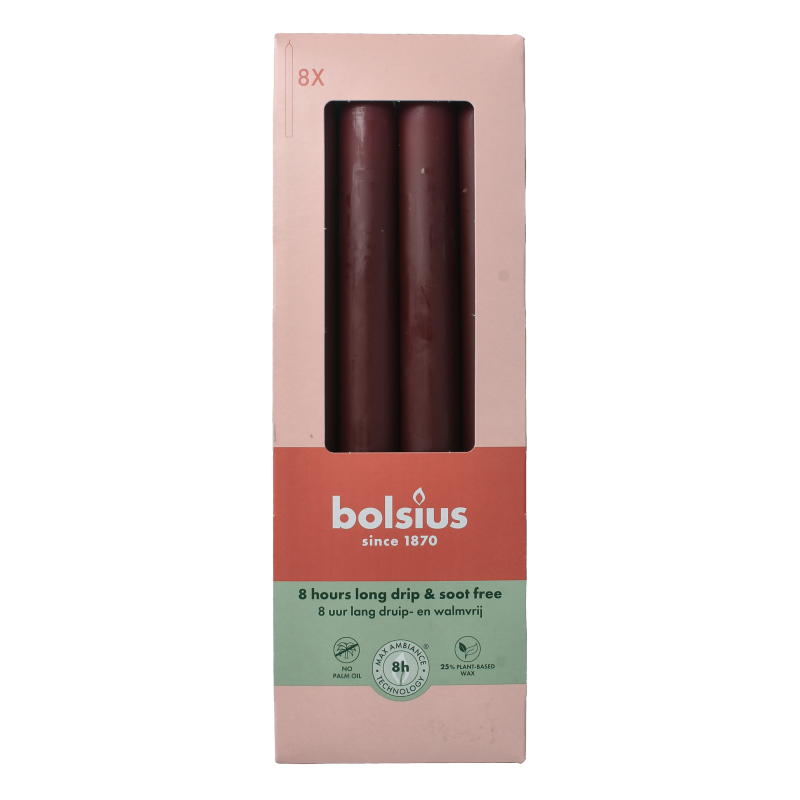 Set of 8 Bolsius velvet red dining candles, 230/20 size, elegant wax candles for special occasions.