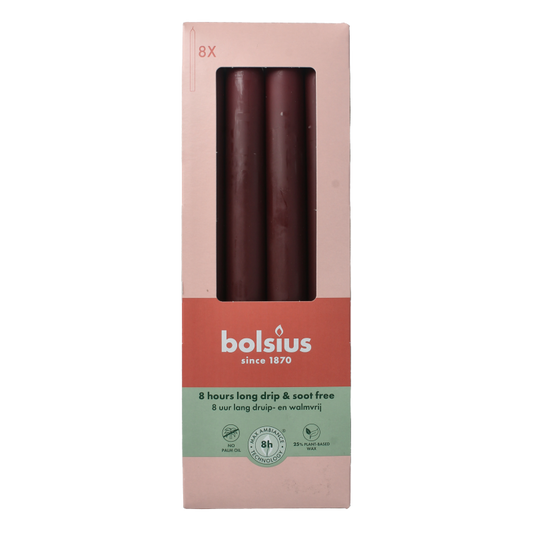 Set of 8 Bolsius velvet red dining candles, 230/20 size, elegant wax candles for special occasions.