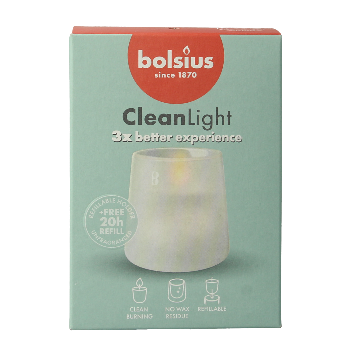Bolsius Clean Light starterkit holder with 1 unscented candle, featuring a simple white candle inside a clear glass holder.