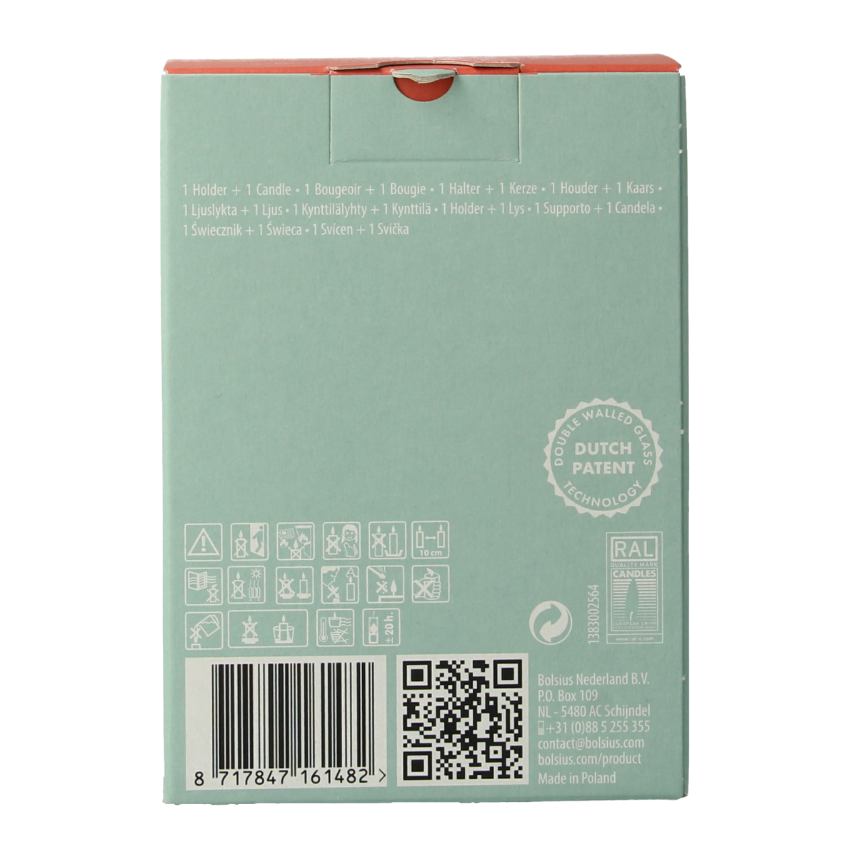 Bolsius Clean Light starterkit with a fragrance-free candle holder and one unscented candle for home ambiance.