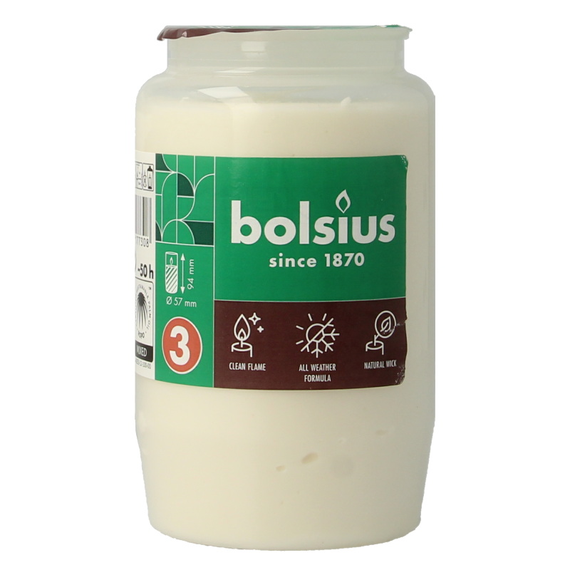 Bolsius Herdenkingslicht nr 3 compo transparent candle on a white surface, designed for remembrance or memorial purposes