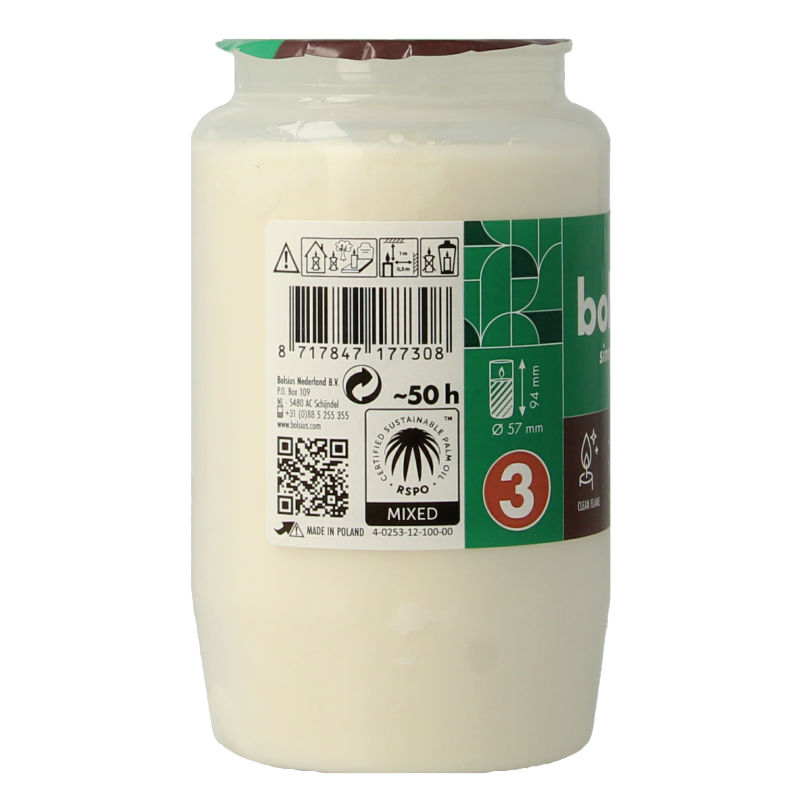 Transparant Bolsius Herdenkingslicht nr 3 kaars, single composition candle for remembrance occasions.