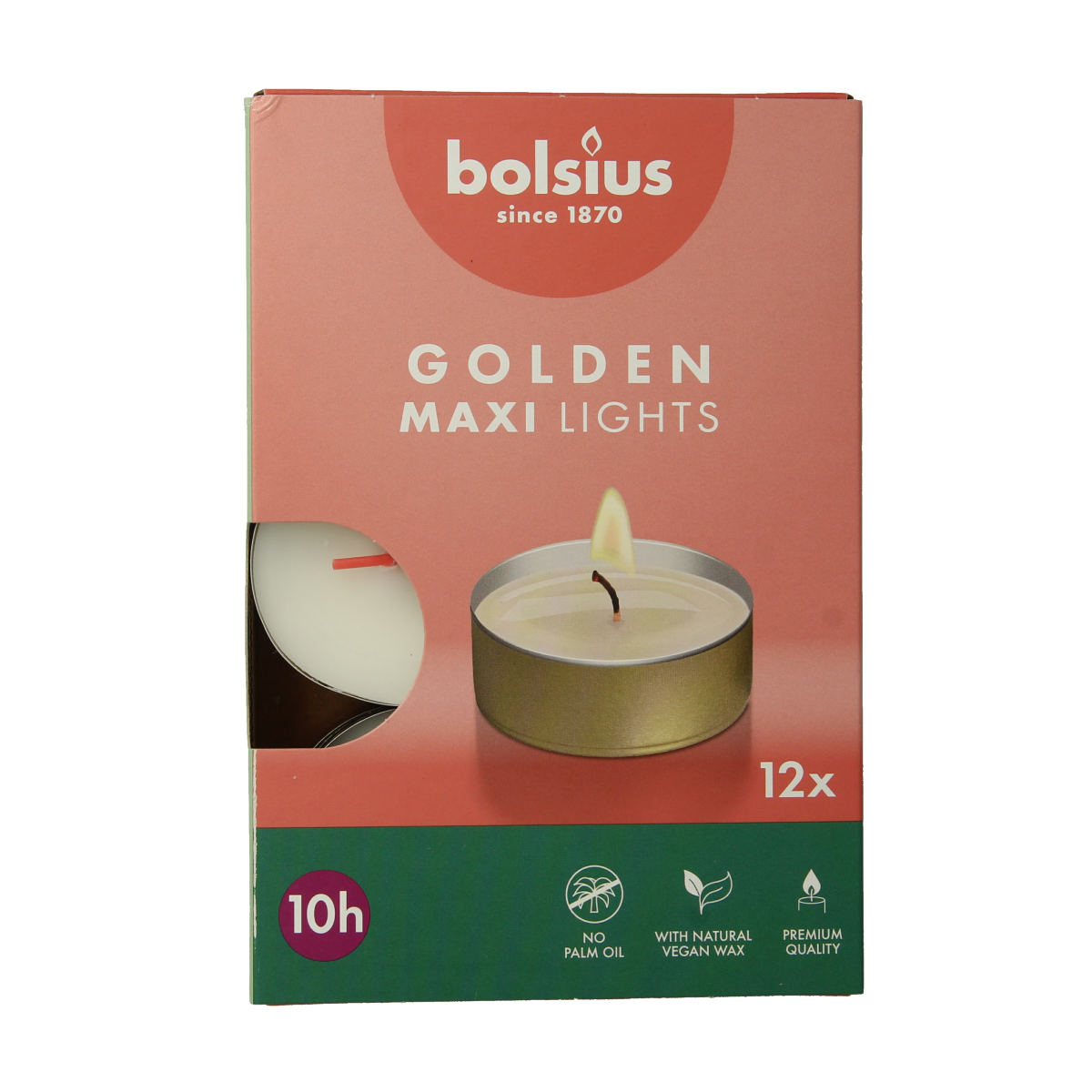 Bolsius Maxi white candles with gold cups, 10-hour burn time, set of 12, elegant candle for special occasions