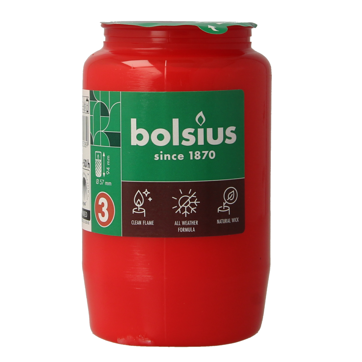 Red Bolsius memorial candle in a glass holder, designed for remembrance, with a lit flame and decorative elements.