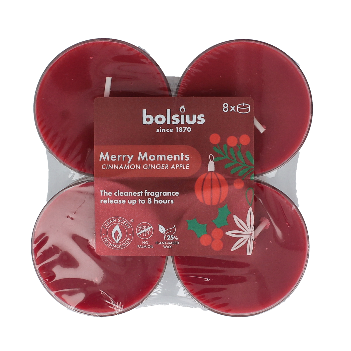 Bolsius Maxlicht Merry Moments cinnamon ginger scented candles in a set of 8, featuring warm holiday-themed candle designs.