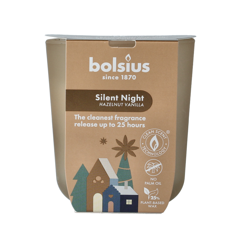 Bolsius Geurglas silent night hazelnut vanilla candle in a glass jar, showcasing warm, inviting scent and elegant design.