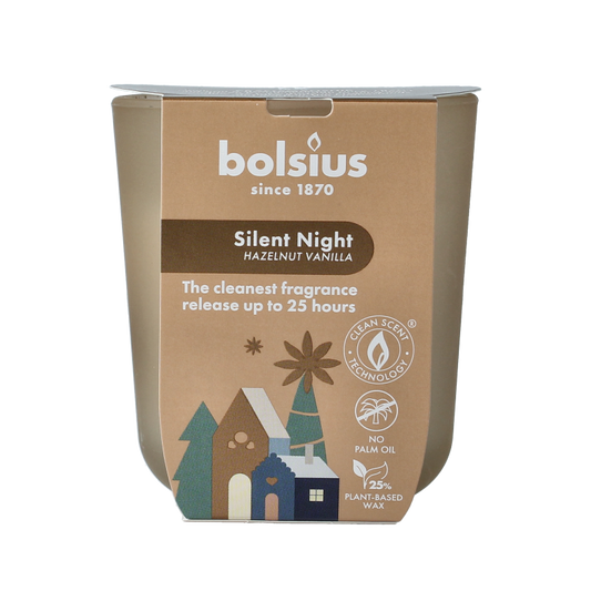 Bolsius Geurglas silent night hazelnut vanilla candle in a glass jar, showcasing warm, inviting scent and elegant design.