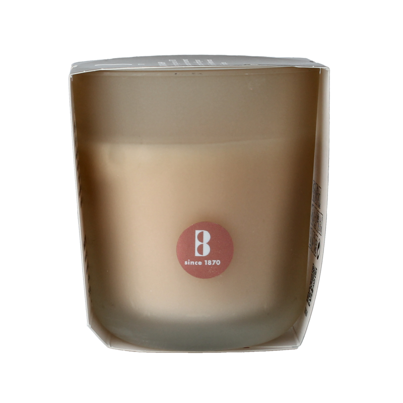 Bolsius Geurglas Silent Night hazelnut vanilla scented candle in glass jar, showcasing its elegant design and warm glow.
