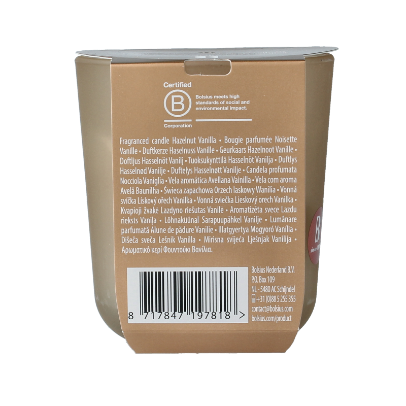 Bolsius Geurglas Silent Night hazelnut vanilla candle in glass holder, scented candle with festive winter design.