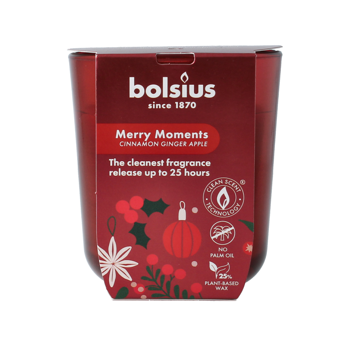 Bolsius Geurglas true glow Merry Moments scented candle in a glass container, 80/73 size, with festive holiday design.