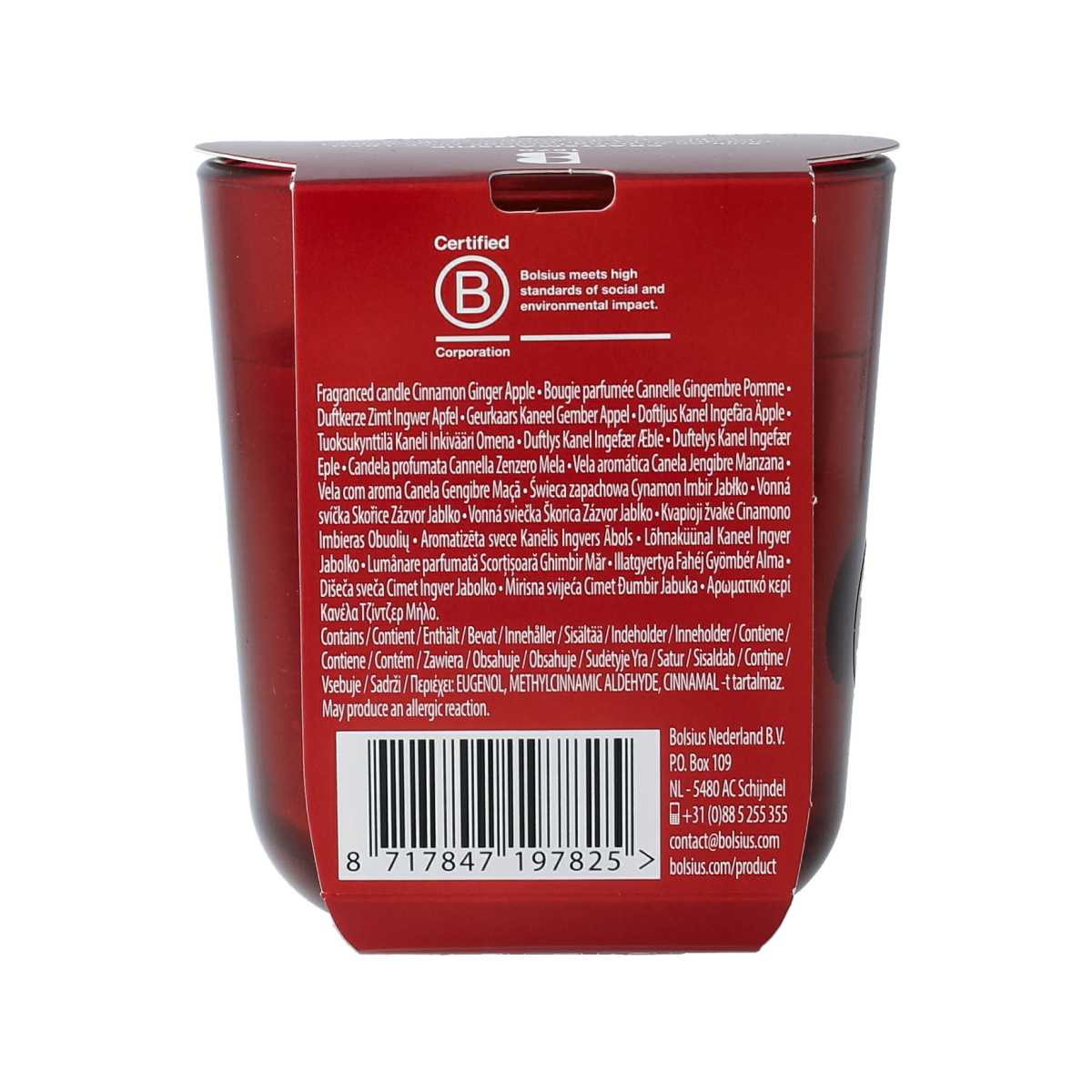 Bolsius Geurglas True Glow Merry Moments scented candle in a glass container, showing a festive design and warm glow.