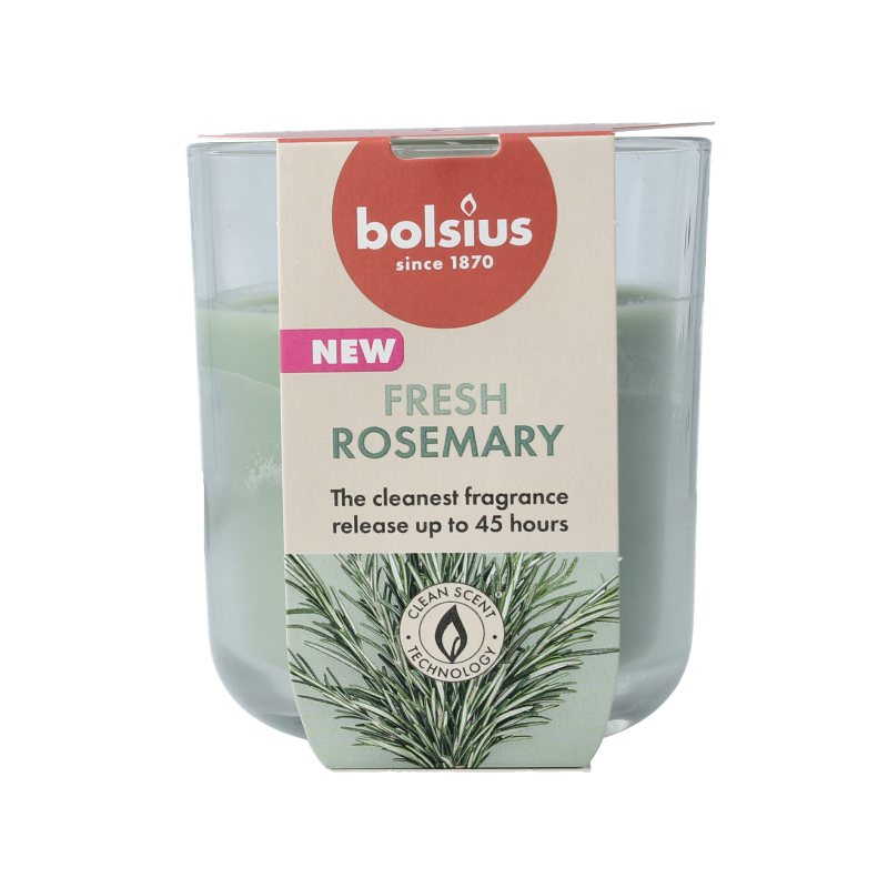 Bolsius Geurglas rosemary scented candle in clear glass container, 97/85 size, with fresh rosemary aroma.