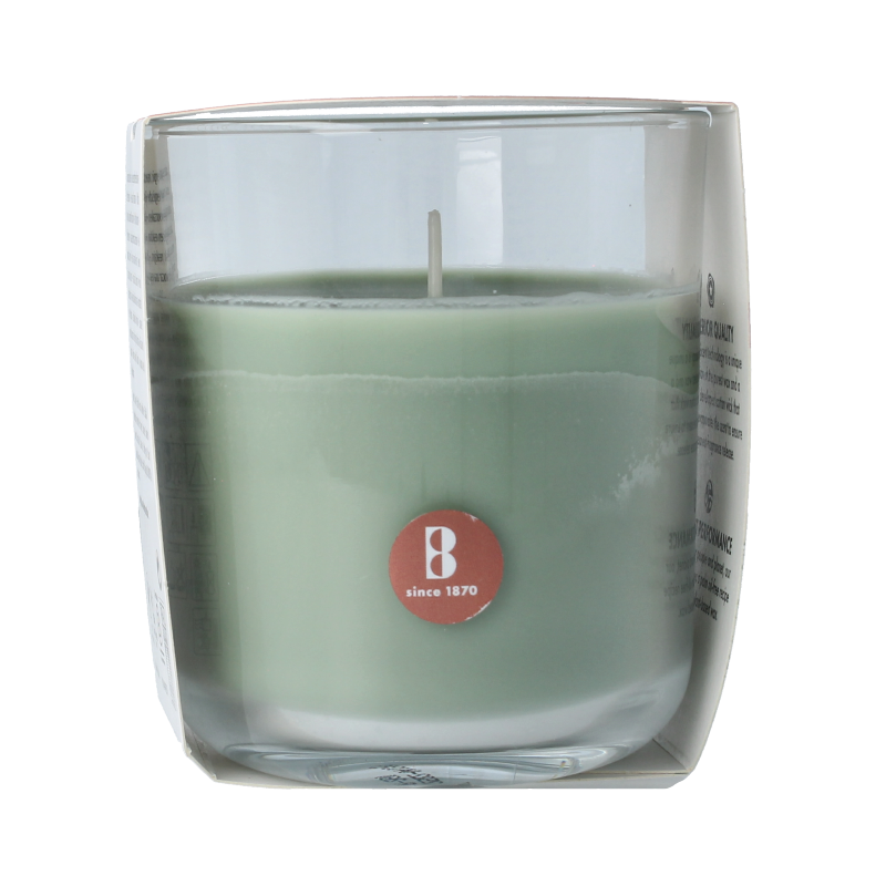 Bolsius geurglas with rosemary scent candle in clear glass container, designed for home fragrance.