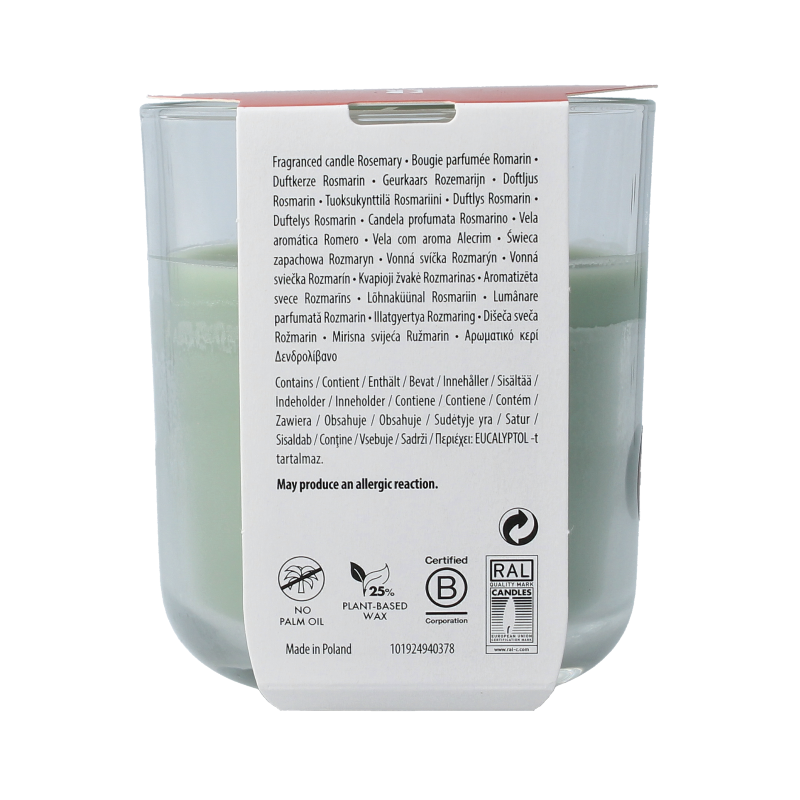 Bolsius geurglas with rosemary scent, a candle in a clear glass container, designed for home fragrance and ambiance.