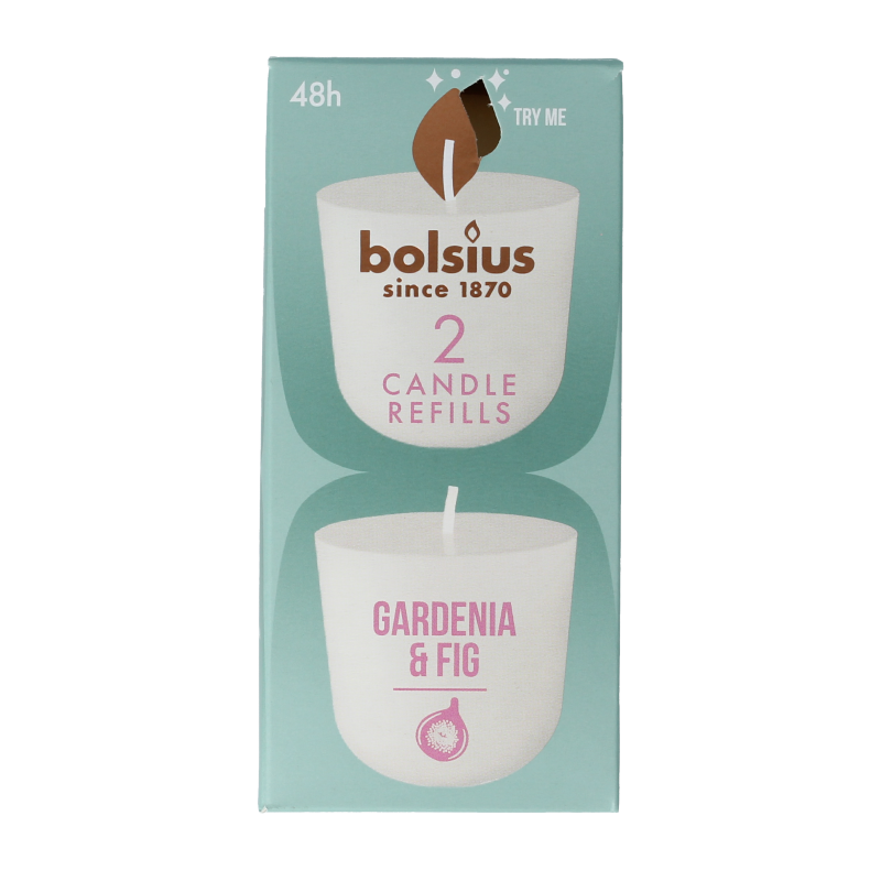 Two Bolsius Clean Light Gardenia & Fig candles in white containers, designed for elegant home decor and ambient lighting.