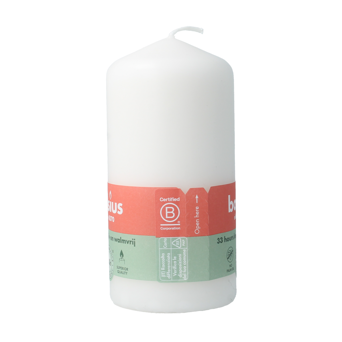 Bolsius Stompkaars 120-58 cloudy white candle, 1 piece, vertical view showing the tall, white, cylindrical candle.