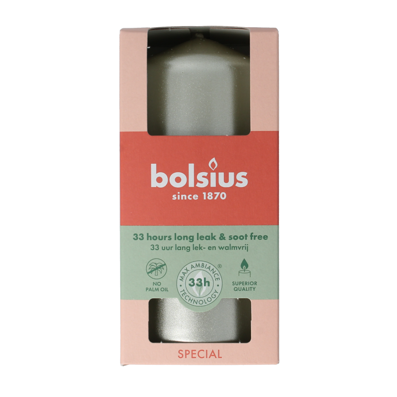 White Bolsius Stompkaars candle with silver accents, measuring 120/58 mm, placed upright on a plain background.
