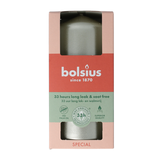 White Bolsius Stompkaars candle with silver accents, measuring 120/58 mm, placed upright on a plain background.