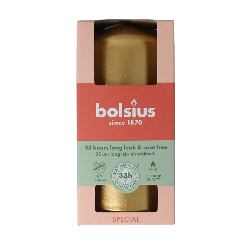 Golden orange Bolsius Stompkaars candle measuring 120/58, displayed in a natural setting with a warm glow.