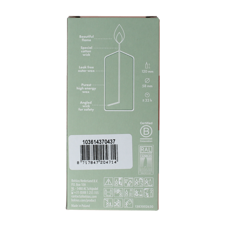Bolsius golden orange candle, Stompkaars 120/58, tall cylindrical wax candle for home decor or ambiance.